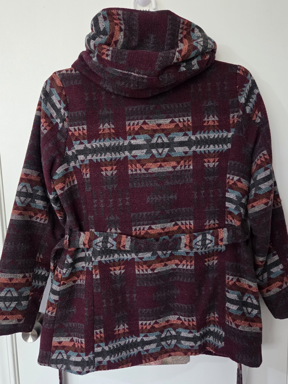 Burgundy Aztec Hooded Belted Trench Coat - Picture 2 of 3